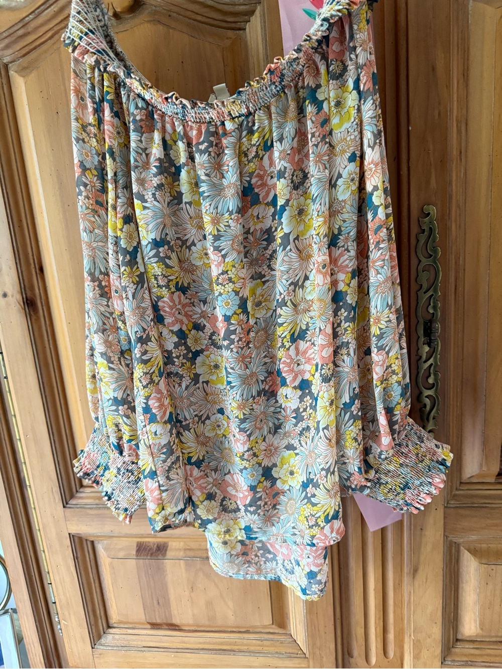 Umgee Floral Off-Shoulder Peasant Top in Blue, Yellow & Pink